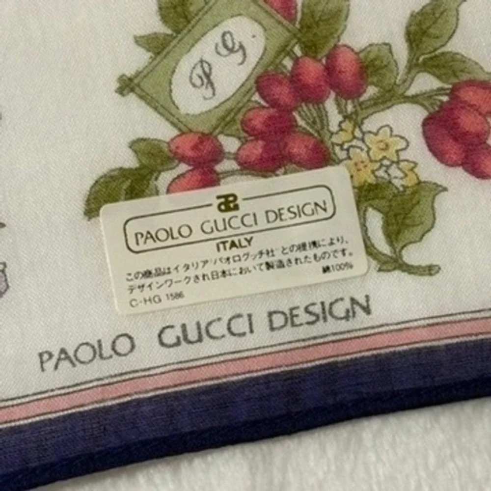 Vtg PAOLO GUCCI DESIGN Scarf Handkerchief Floral Cotton White Navy 16.5